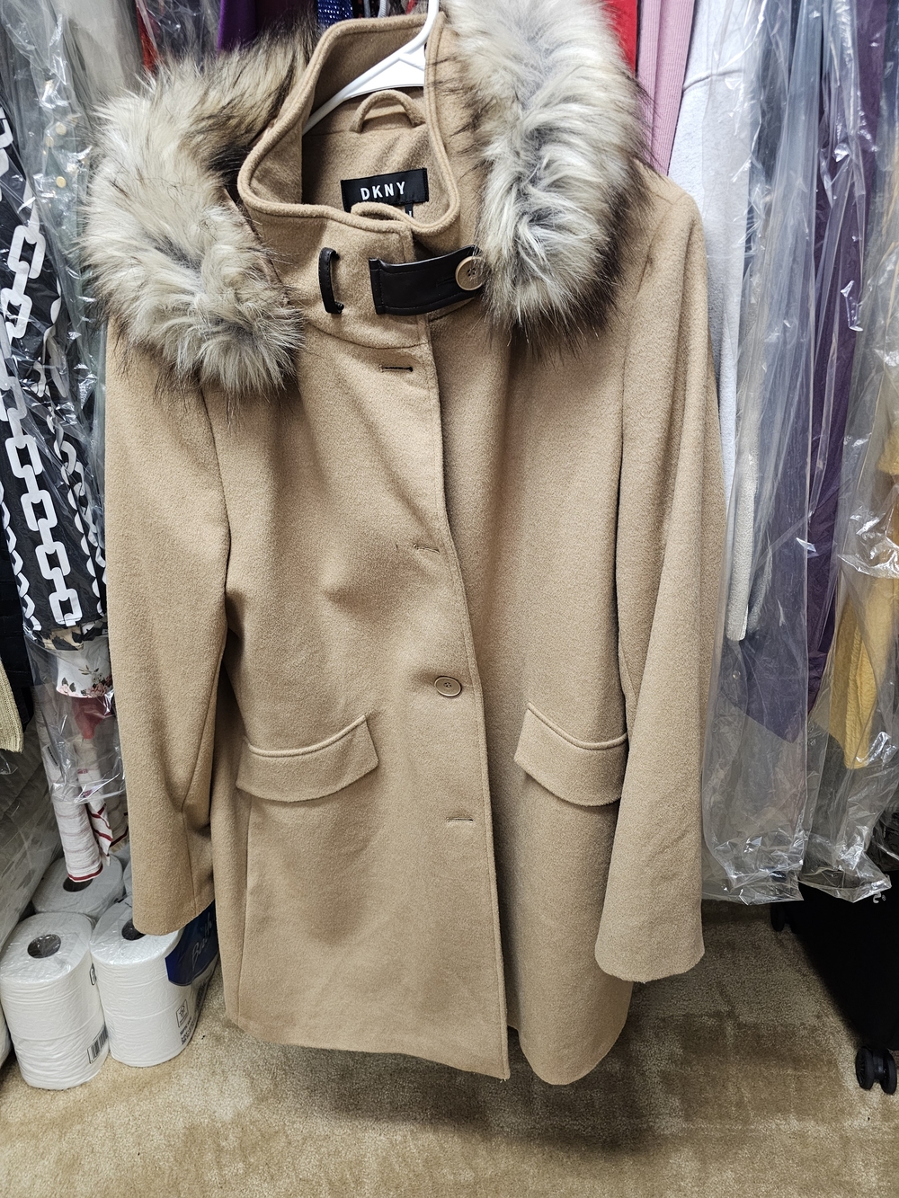 DKNY Women's Camel Wool Blend Coat with Faux Fur Trim